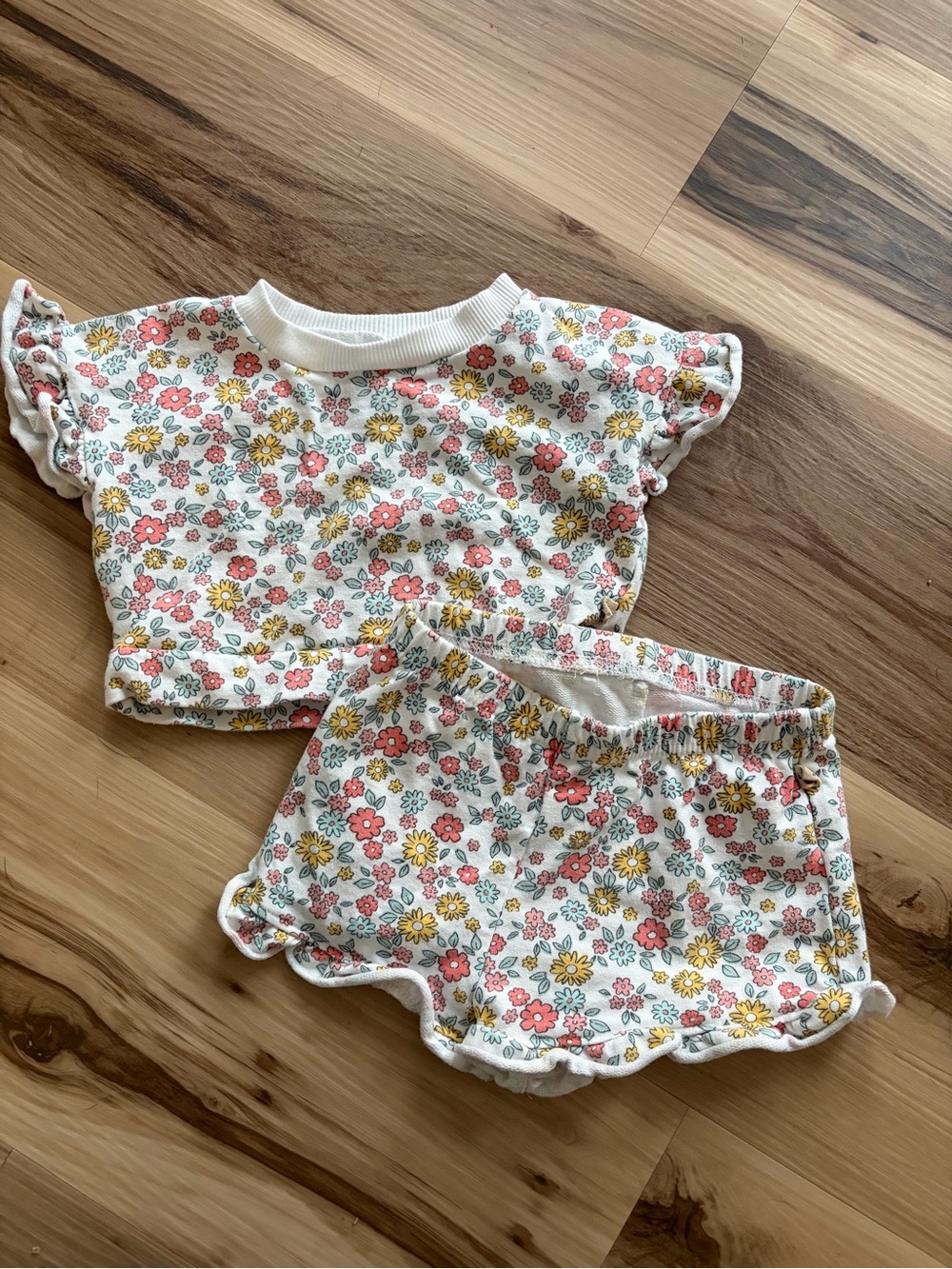 BearPaw White Floral Crop Top & Shorts Set with Pink and Yellow Flowers